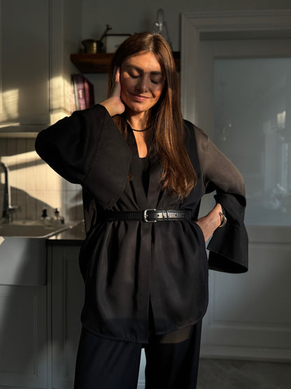 alba satin lyocell shirt with scarf - black 2025