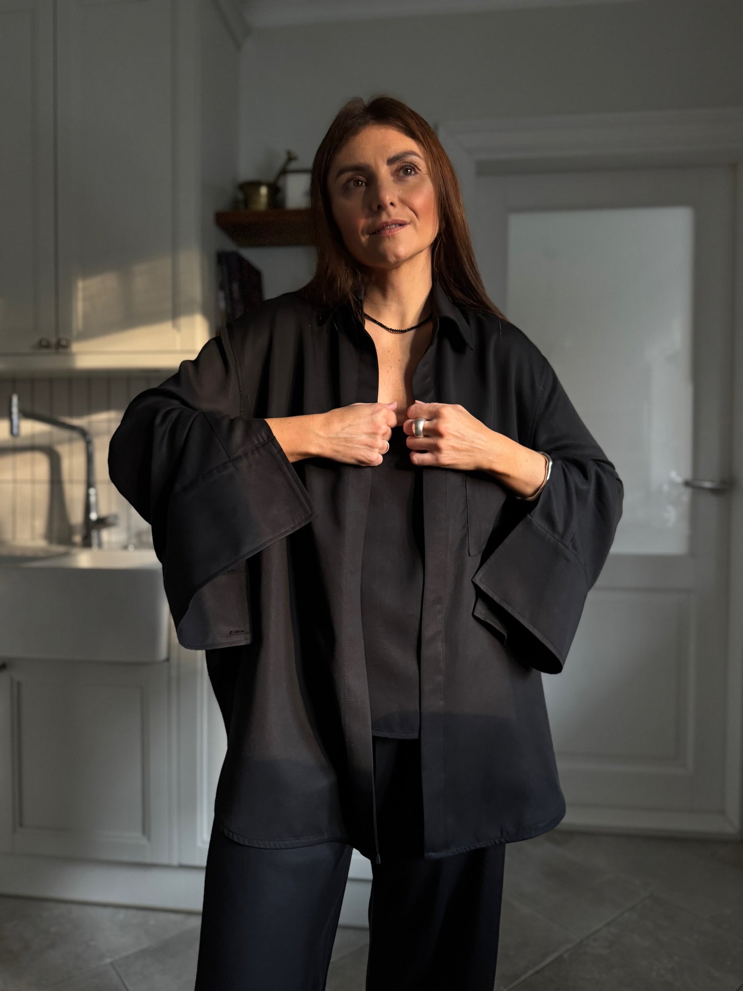 alba satin lyocell shirt with scarf - black 2025