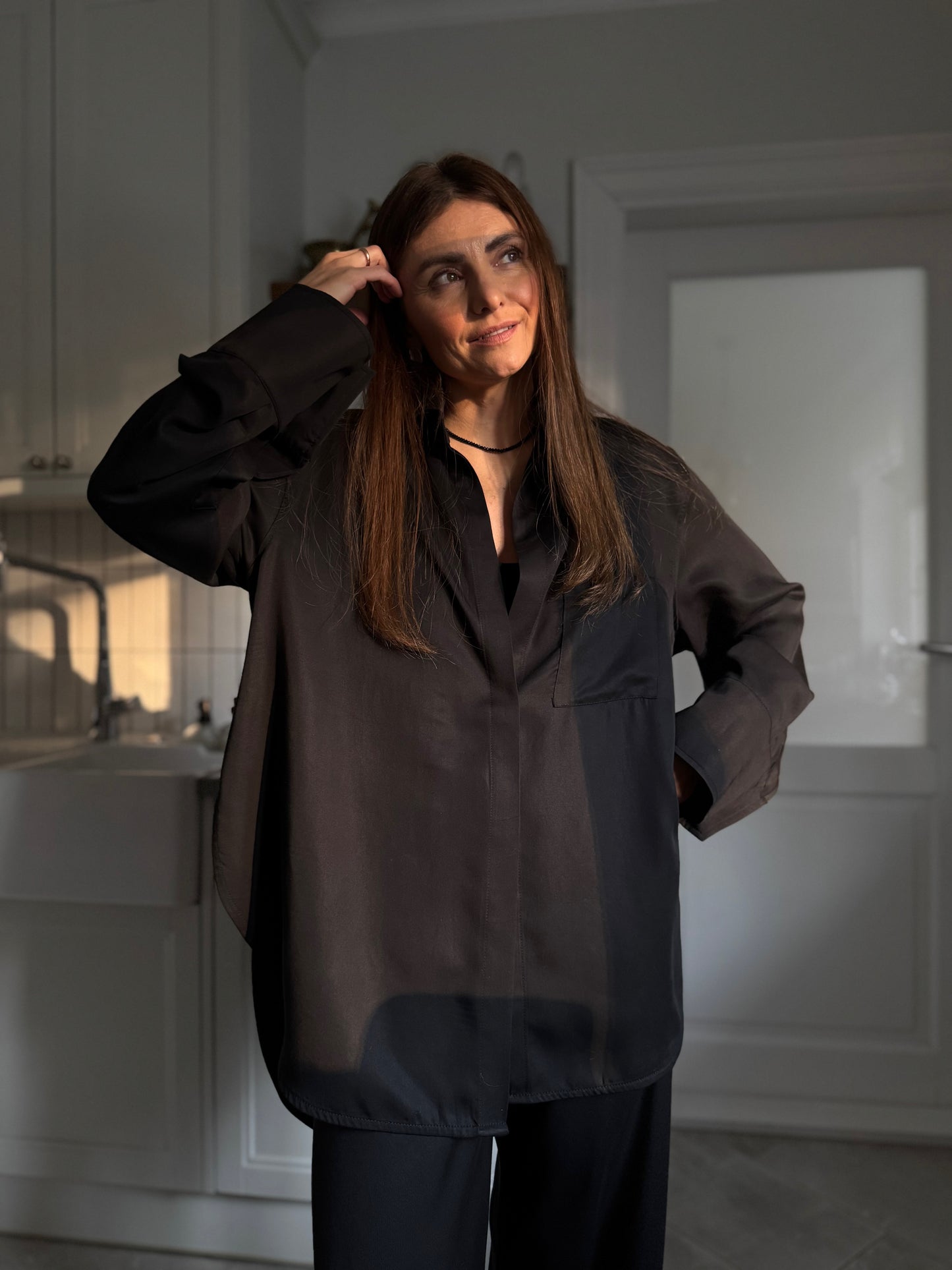 alba satin lyocell shirt with scarf - black 2025