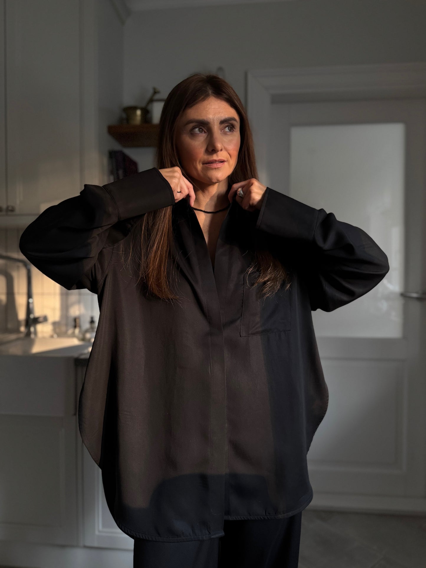 alba satin lyocell shirt with scarf - black 2025