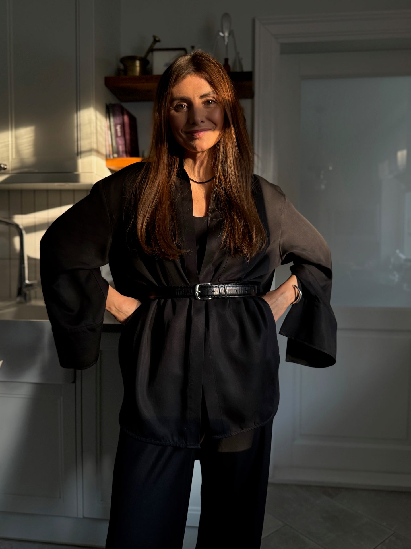 alba satin lyocell shirt with scarf - black 2025