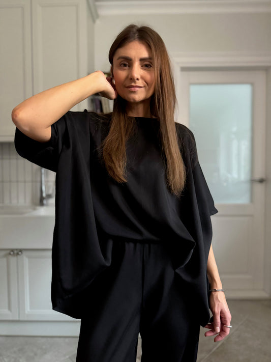 nara satin lyocell flowy blouse - black 2025