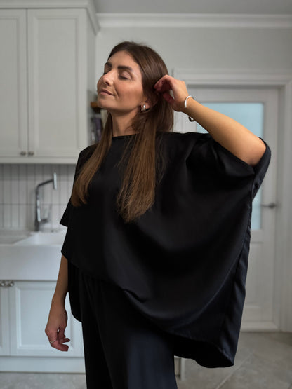 nara satin lyocell flowy blouse - black 2025