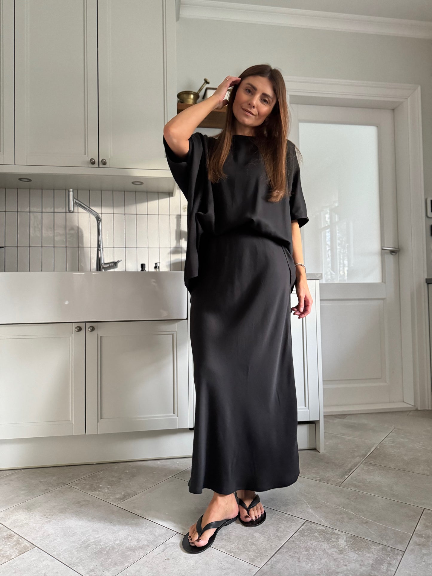 safi bias cut satin lyocell skirt - black 2025