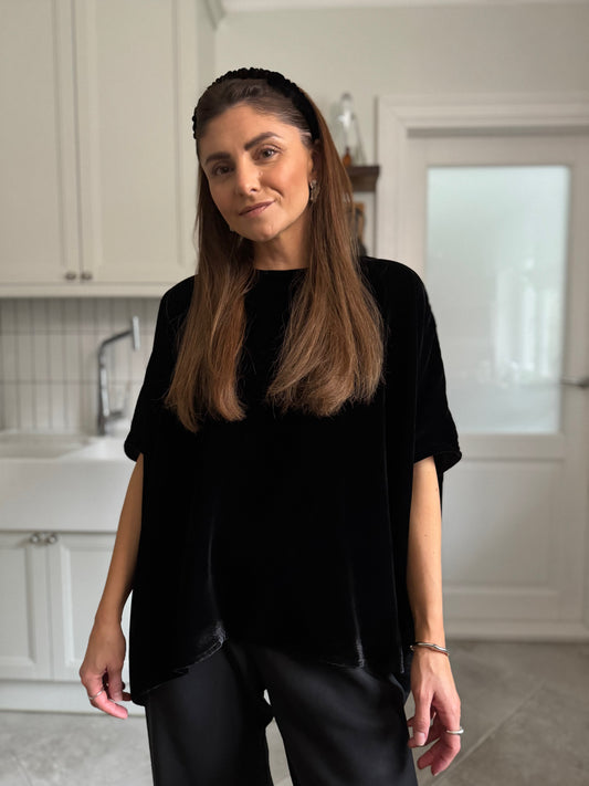 nara silk velvet flowy blouse - black 2025