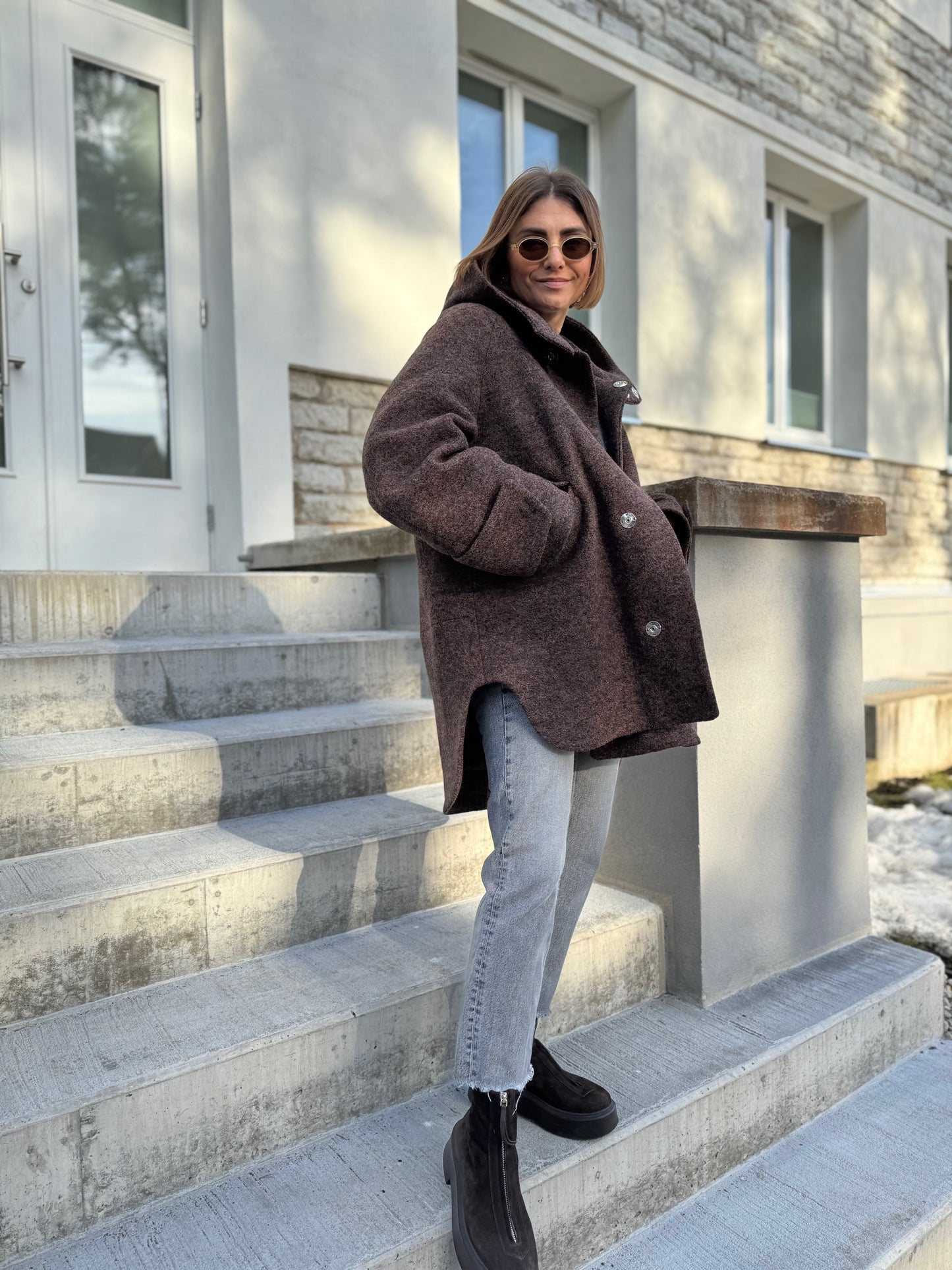 noia wool boucle hooded coat