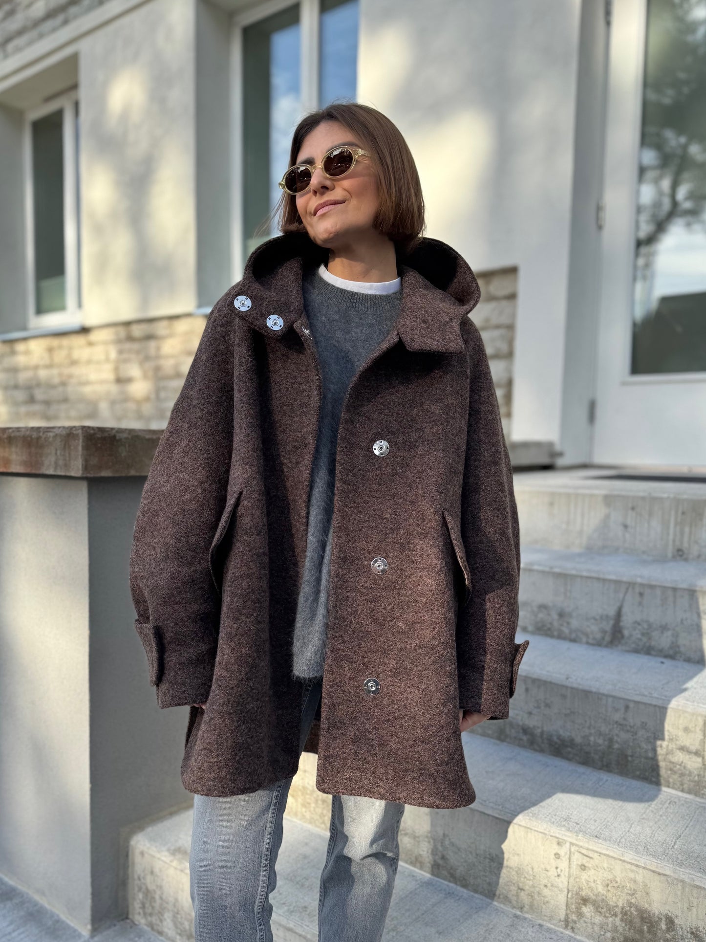 noia wool boucle hooded coat