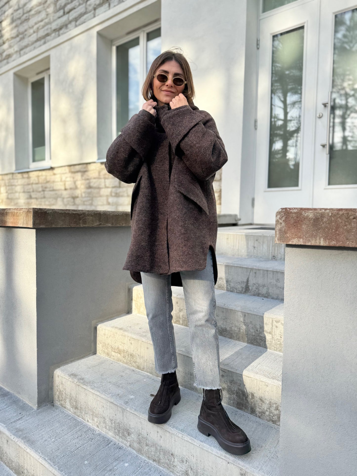 noia wool boucle hooded coat