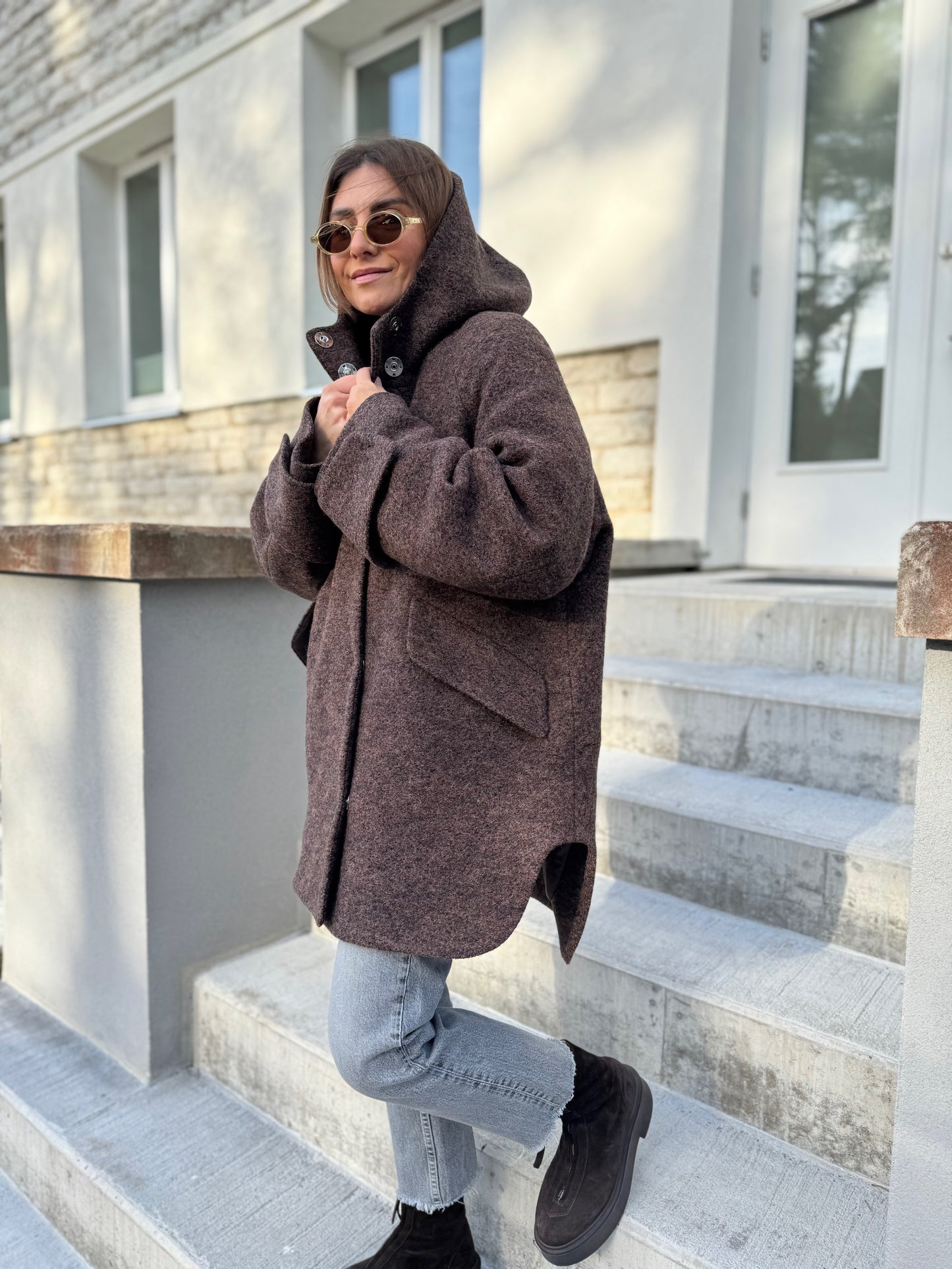 noia wool boucle hooded coat