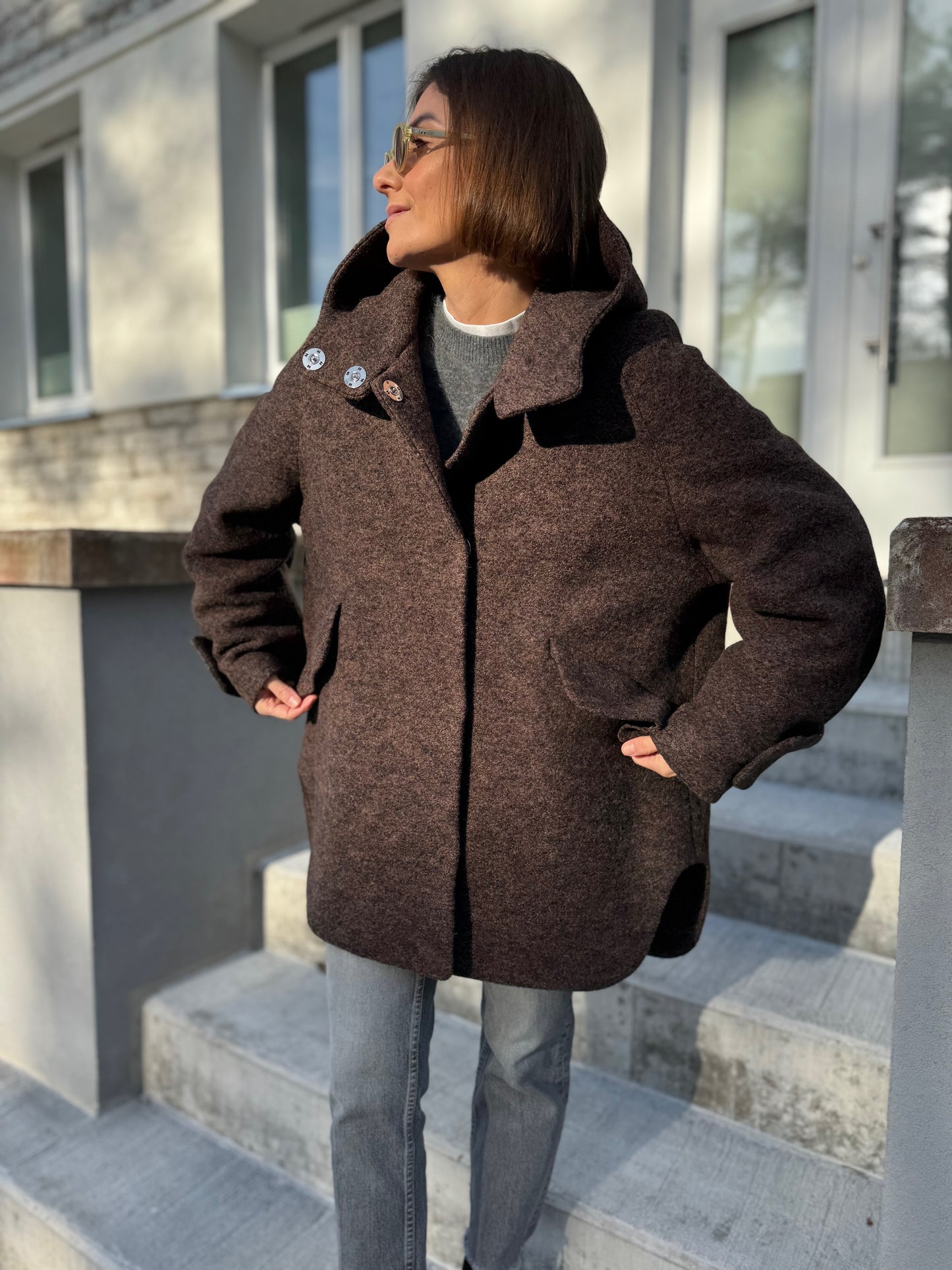 noia wool boucle hooded coat